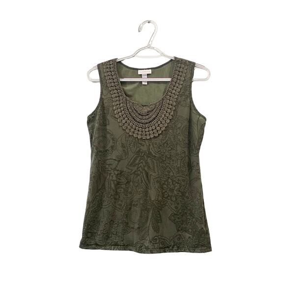 Charter Club Women's Sleeveless Top Olive Green with Crochet Detail Size S - Picture 1 of 6